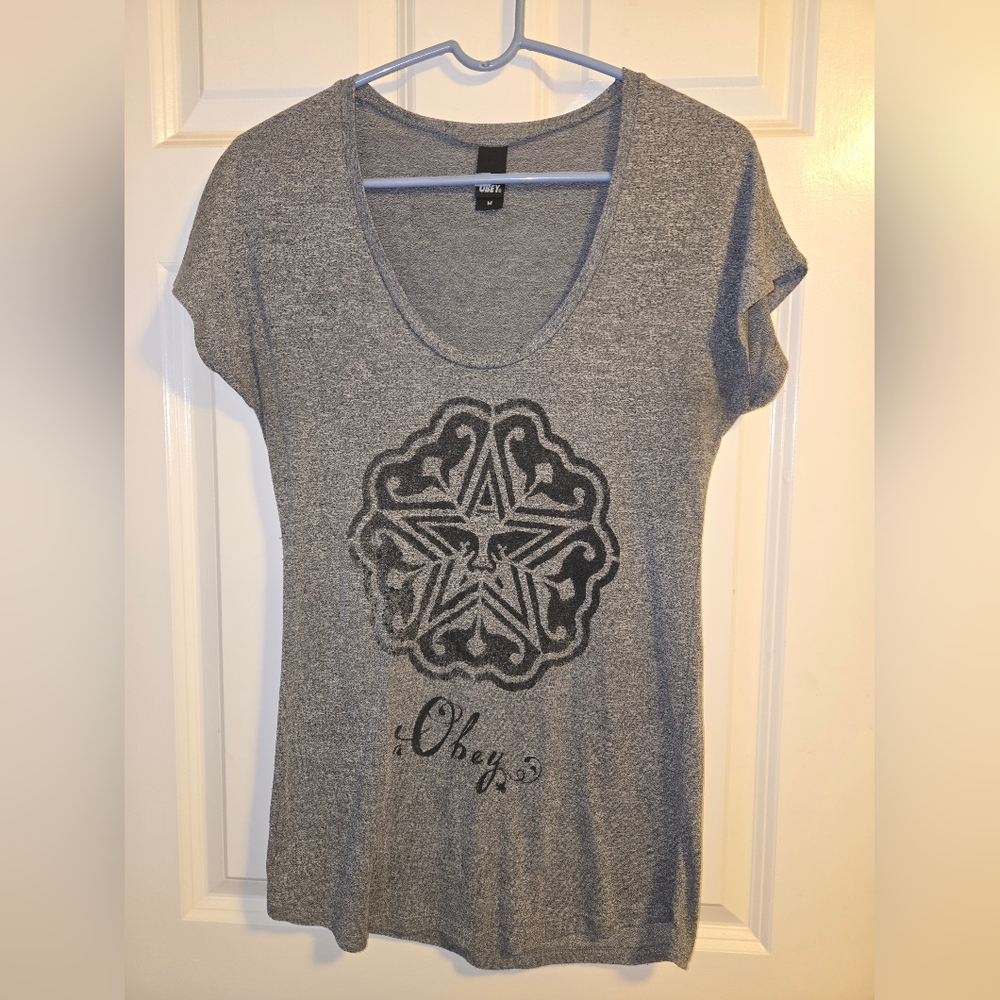 Obey Gray Scoop Neck Graphic Tee with Black Star Motif